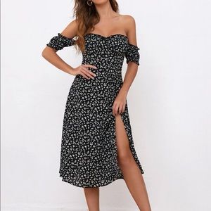 Shein off the shoulder cap sleeve floral midi dress with split detail